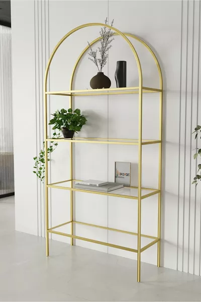 4-laags glazen boekenkast goud (verouderd) met glazen poten van gehard transparant glas