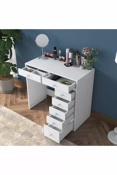 راني طاولة مكياج مع 7 أدراج لتنظيم المجوهرات باللون الأبيض