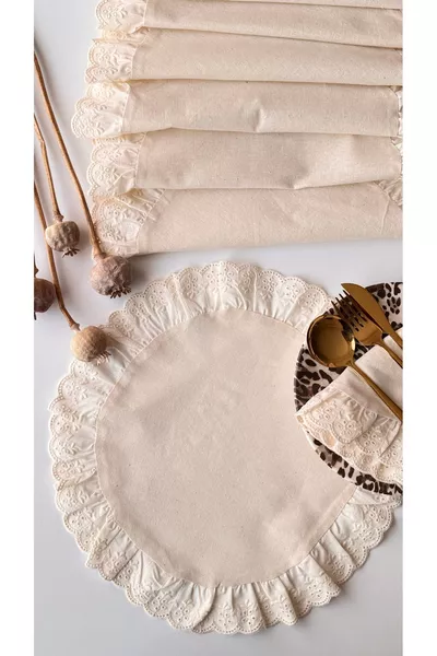 % Cotton Raw Linen Eyelet Ruffled Bohemian American Table Set 6-Piece Placemat Set  cm Beige Color