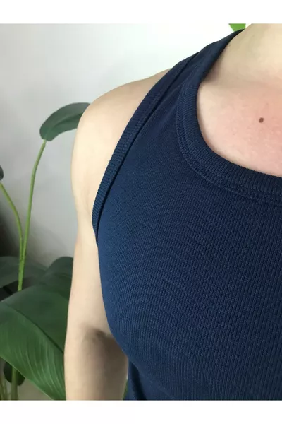 Canottiera da uomo blu notte a coste - Canottiera con scollo a canottiera in cotone elasticizzato