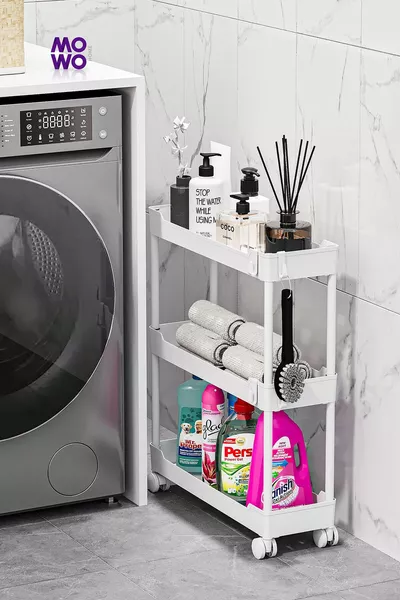 Slim 3-laags verrijdbaar rek wit, badkamerrek, keukenrek, badkamerorganizer