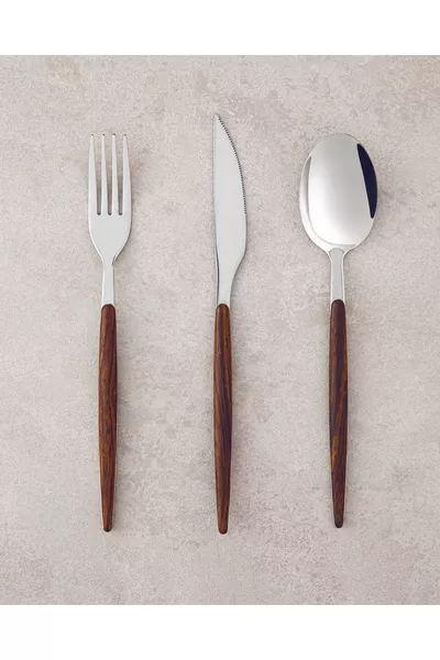 Комплект прибори за 6 души от масивна неръждаема стомана, включващ вилици, лъжици и ножове, сребрист