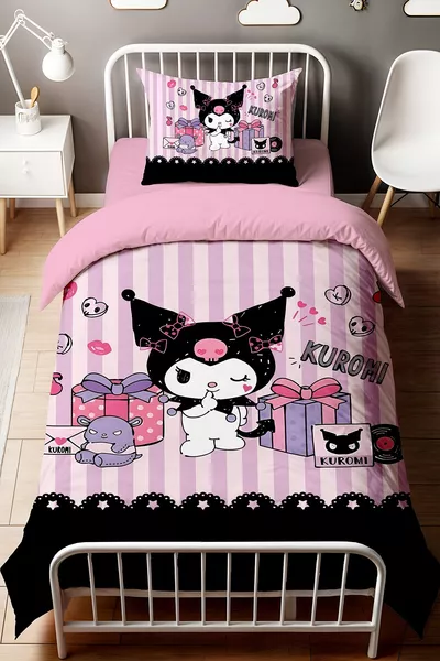 Single Baby Child Duvet Cover Set with Purple Striped Party Kuromi Pattern