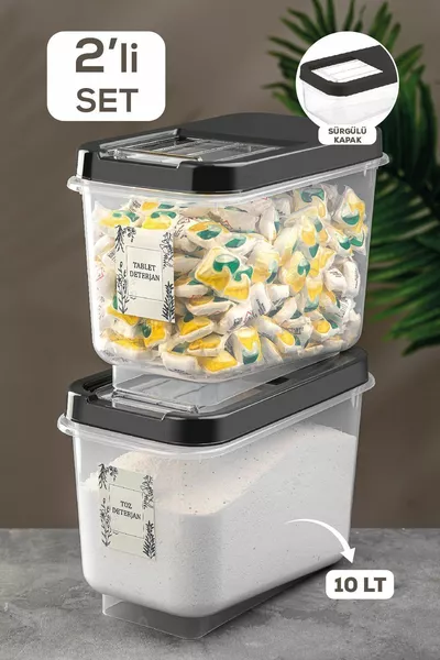 صندوق تخزين منظفات للأقراص بغطاء منزلق مزدوج - وعاء تخزين المنظفات مع ملصق بلون أنثراسيت