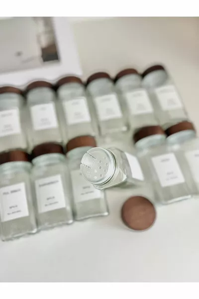 Set di barattoli per spezie in vetro quadrati con coperchio in acacia / Etichetta per pezzo
