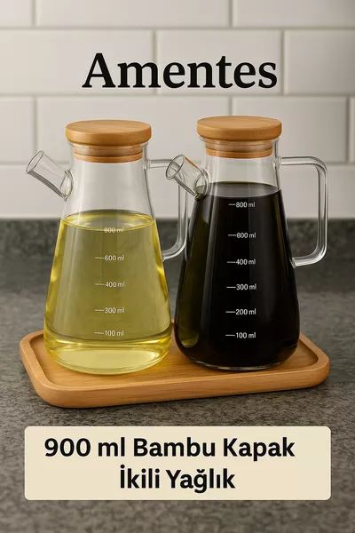 Баночные для масла и уксуса с вакуумным замком из боросиликатного стекла, комплект из 3 штук с бамбуковой крышкой и подставкой