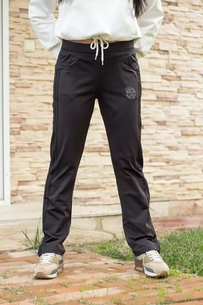 Damen Basic Jogginghose mit schwarzen Streifen, elastisch, bequem, mit Taschen, dünn 