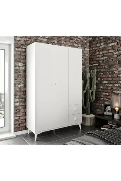 Armadio Akasya in MDF Bianco con 3 Ante e 2 Cassetti - Completamente in MDF di Prima Qualità