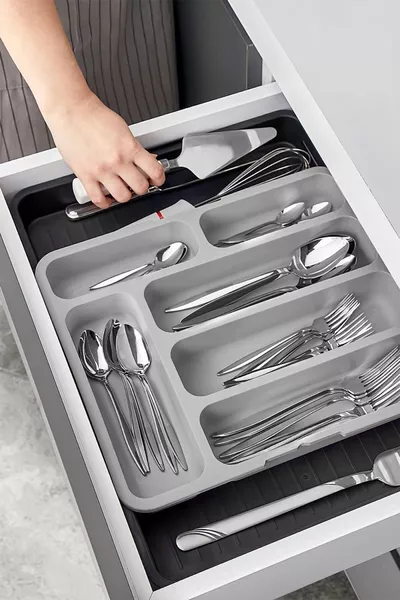 Двустранен регулируем органайзер за чекмедже за лъжици, разтегателен организатор за вилици и ножове