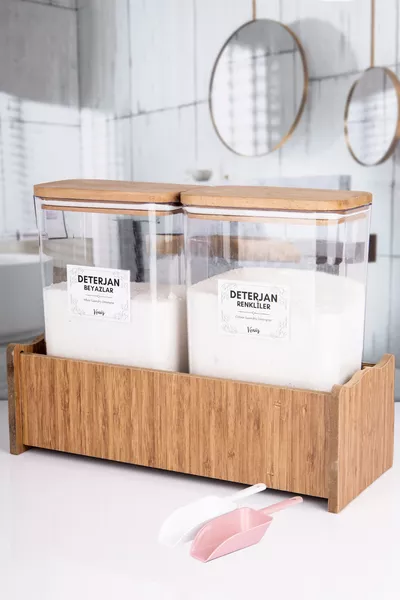 Двоен дървен съд за прах за пране с дървена поставка и вакуумен капак,  мл, цветни и бели, от мика