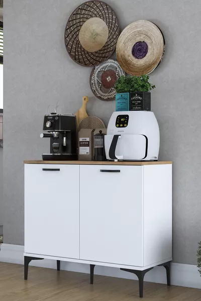 Rani Кът за кафе Многофункционален шкаф 2 врати Кухненски килер Бял - Кошница Орех