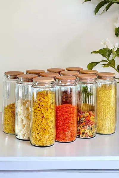 'li Ahşap Kapaklı Cam Kavanoz Seti Vakum Kapaklı Bakliyat Seti  ml