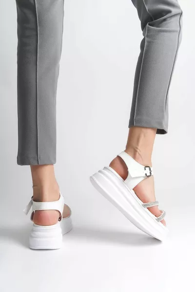  Orthopädische Sohle Frauen Sandalen Mit Dicker Schnalle Stein Streifen BT Weiß Alithestereo