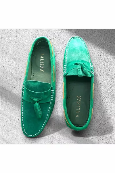 Pompon vert Cuir véritable Suède Mocassins Chaussures