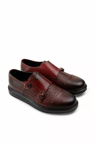 جلد طبيعي بورجوندي الراحة مزدوجة مشبك عارضة أحذية الرجال