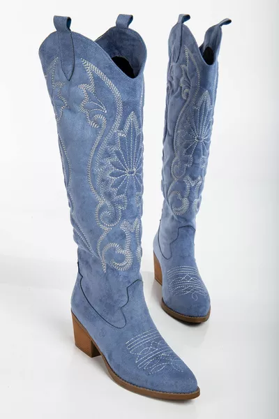 المرأة الغربية رعاة البقر الأزرق فو من جلد الغزال مطرزة أحذية طويلة