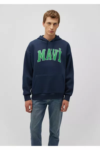 Sweat-shirt marine à capuche imprimé logo 