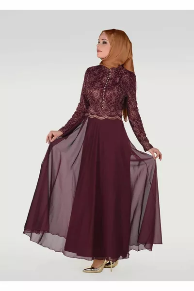 Robe de soirée pour femme à col juge bordeaux et boutons 
