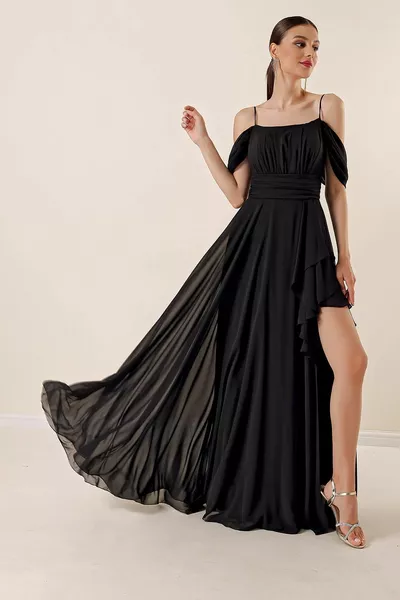 Long Chiffon Dress with Rope Straps, Low Sleeves, Draped Front, Flounced, Lined with Slits on the Front, Black