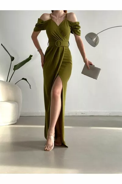 Low Shoulder Slim Strap Slit Belted Evening Dress