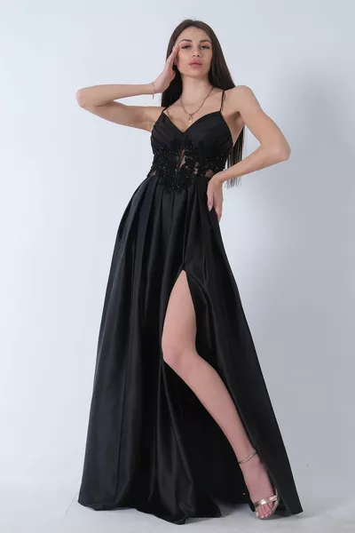 Атласное вечернее платье с веревочными бретелями Black 