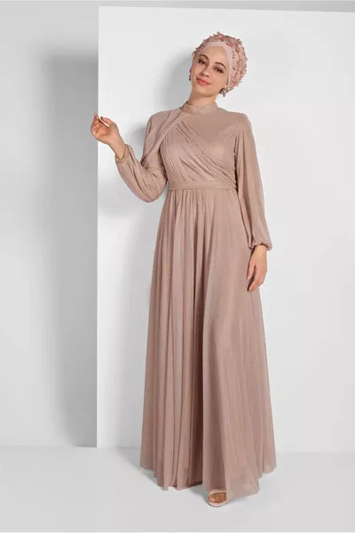 Дамска прахообразна плисирана блестяща вечерна рокля 