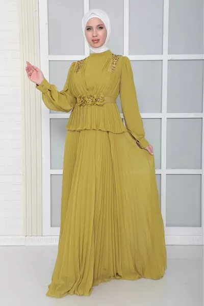 فستان سهرة محجب بطيات مع كتف وحزام -أخضر زيتي