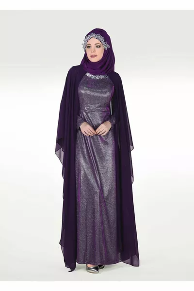 Women's Purple Cape Stone Detailed Glitter Fabric Evening Dress 