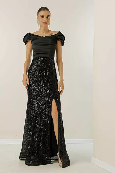 مادونا طوق كم منخفض الجبهة رايات أستر أعلى الساتان أسفل اللب فستان طويل