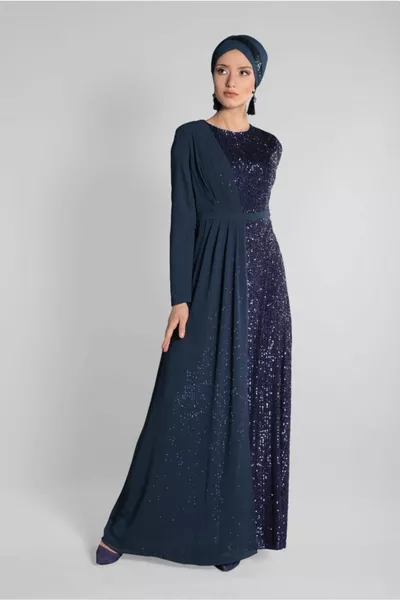 Women's Navy Blue (A.NAVY BLUE) Chiffon and Sequin Sequin Evening Dress 