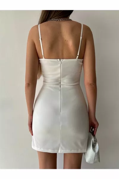 Mini Size Slim Strap Slit Part Chain Detailed Zander Women's White Dress