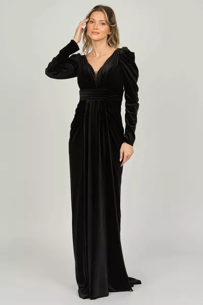 Дамска кадифена вечерна рокля  черно