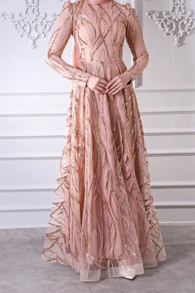  Dik Yaka Tül Giriter Kloş Abiye Bakır