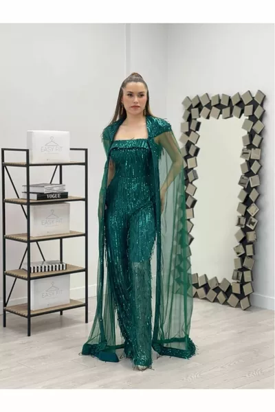 Fringed Sequin Fabric Cape Detailed Jumpsuit Emerald Green
