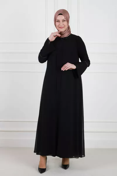Plus Size Hijab Chiffon beschichtetes sandiges Abendkleid  Schwarz