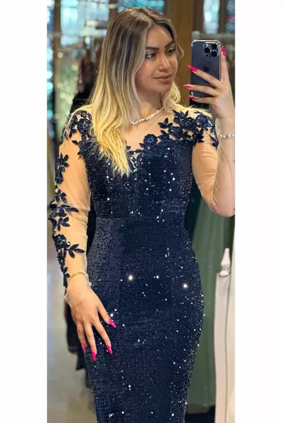 المرأة كم طويل الترتر ضيق صالح مساء اللباس الأزرق الداكن 