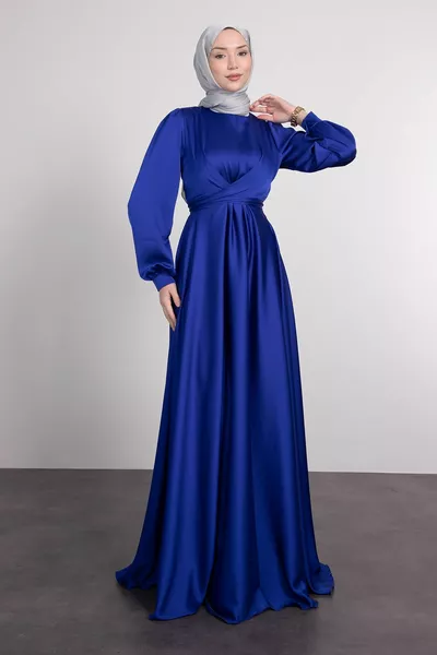 Хиджаб вечерна рокля с талия вратовръзка диагонал от яката