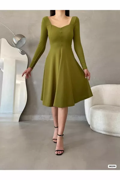 Сърце яка дълъг ръкав бутон дизайн Midi дължина вечерна рокля