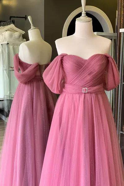 Dried Rose Glitter Draped Maxi Length Belt Detailed Transparent Evening Dress And Evening Dress