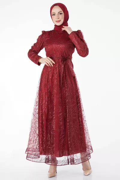 فستان سهرة نسائي برقبة قاضية مستقيمة بورجوندي بريق - 