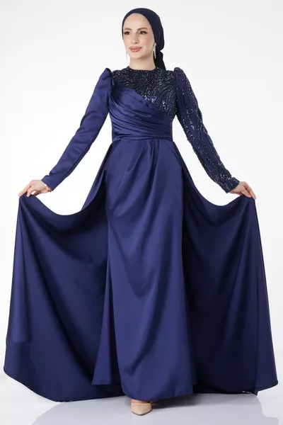 مستقيم طاقم الرقبة المرأة الأزرق الداكن الترتر الذيل مساء اللباس - 