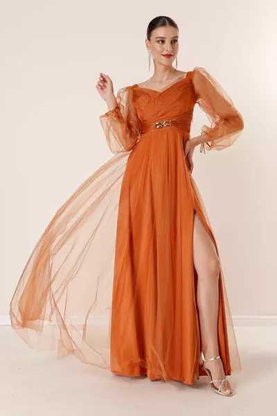 Ön Arka V Yaka Beli Taşlı Drapeli Astarlı Uzun Tül Elbise