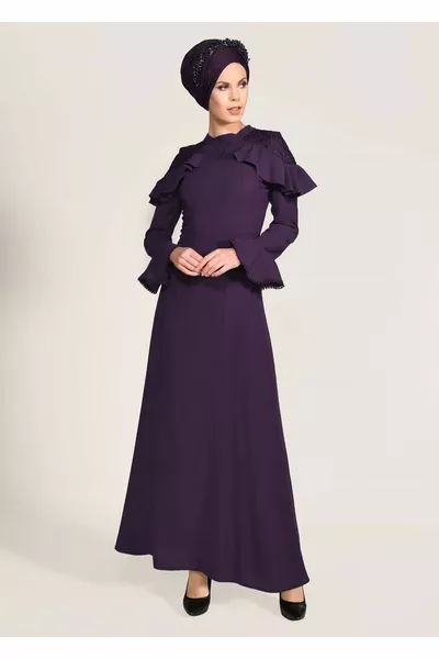 المرأة الأرجواني انتفاخ Guipure مفصلة مساء اللباس 