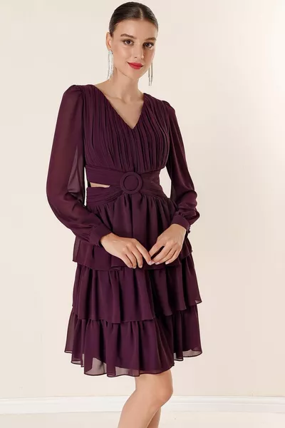 шифон Glop талията и обратно ниско нарязани пластове рокля лилаво