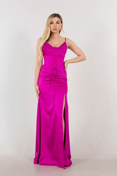 Degaje Collar Corset Detailed Evening Dress Fuchsia 