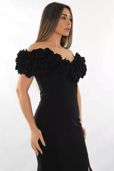 Black Boat Collar Sleeve And Collar Rose Detailed Fish Women's Evening Dresses