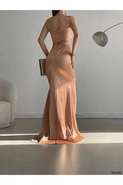 Damen Asymmetrisches Kragen Schlitz Satin Stoff Maxi Länge Kleid