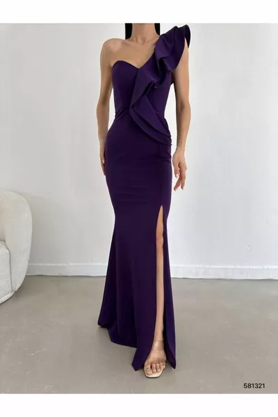 واحد الكتف انتفاخ كشكش تصميم شق ماكسي طول مساء اللباس