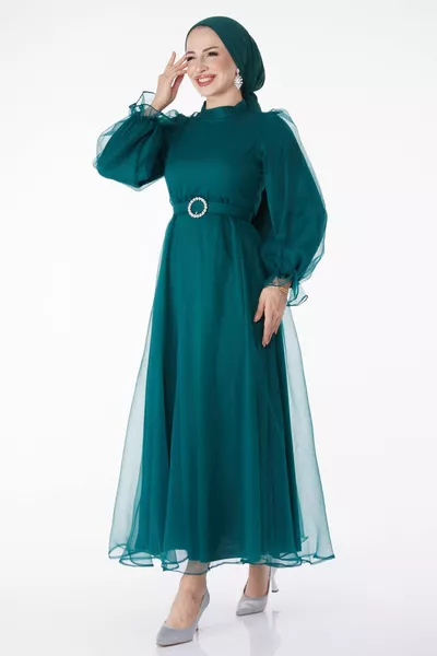 Robe de soirée ceinturée verte à col juge droit pour femme - 