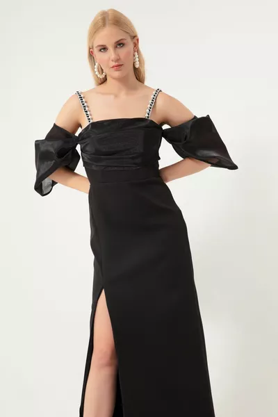 المرأة السوداء الأميرة الأكمام حبة حزام الأورجانزا مساء اللباس الطويل